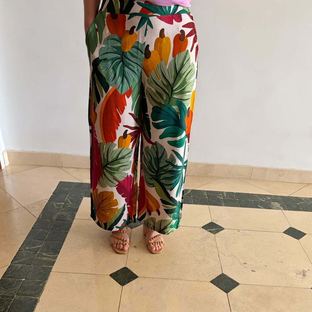 Wide-Leg Tropical Print Palazzo Pants - Multicolor